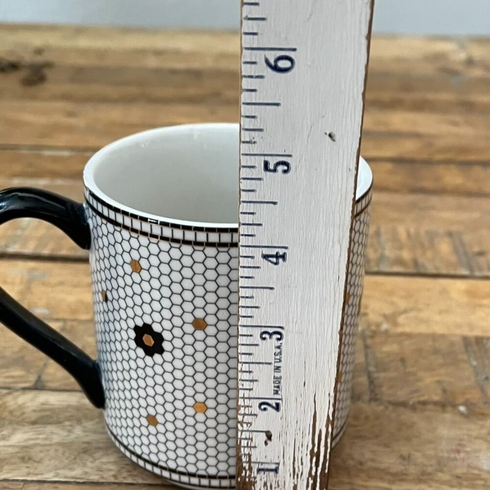 Anthropologie Bistro Tile Ceramic Mug "S" Black & Gold Honeycomb Mosaic - Picture 6 of 9